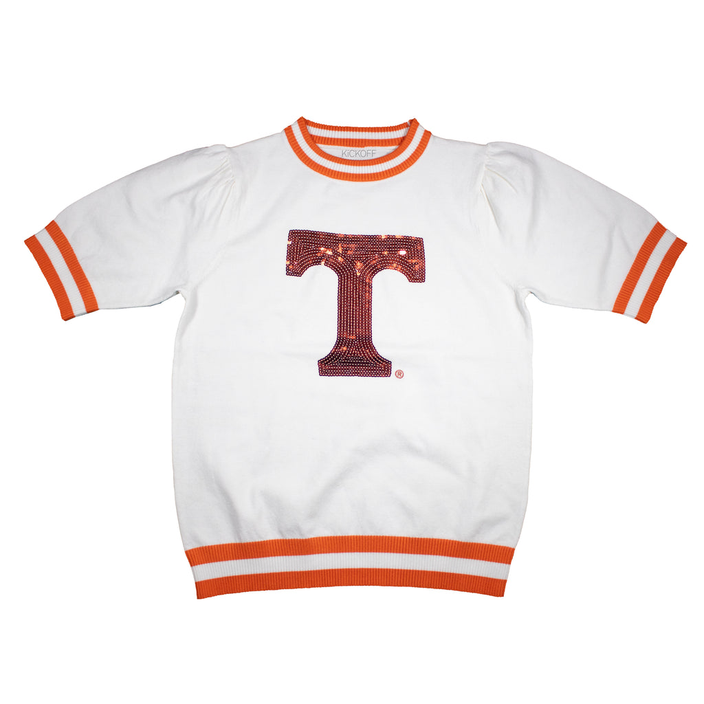 Sequin Varsity Short Sleeve Sweater with Striped Neckline, Cuff, and Waistband in University of Tennessee