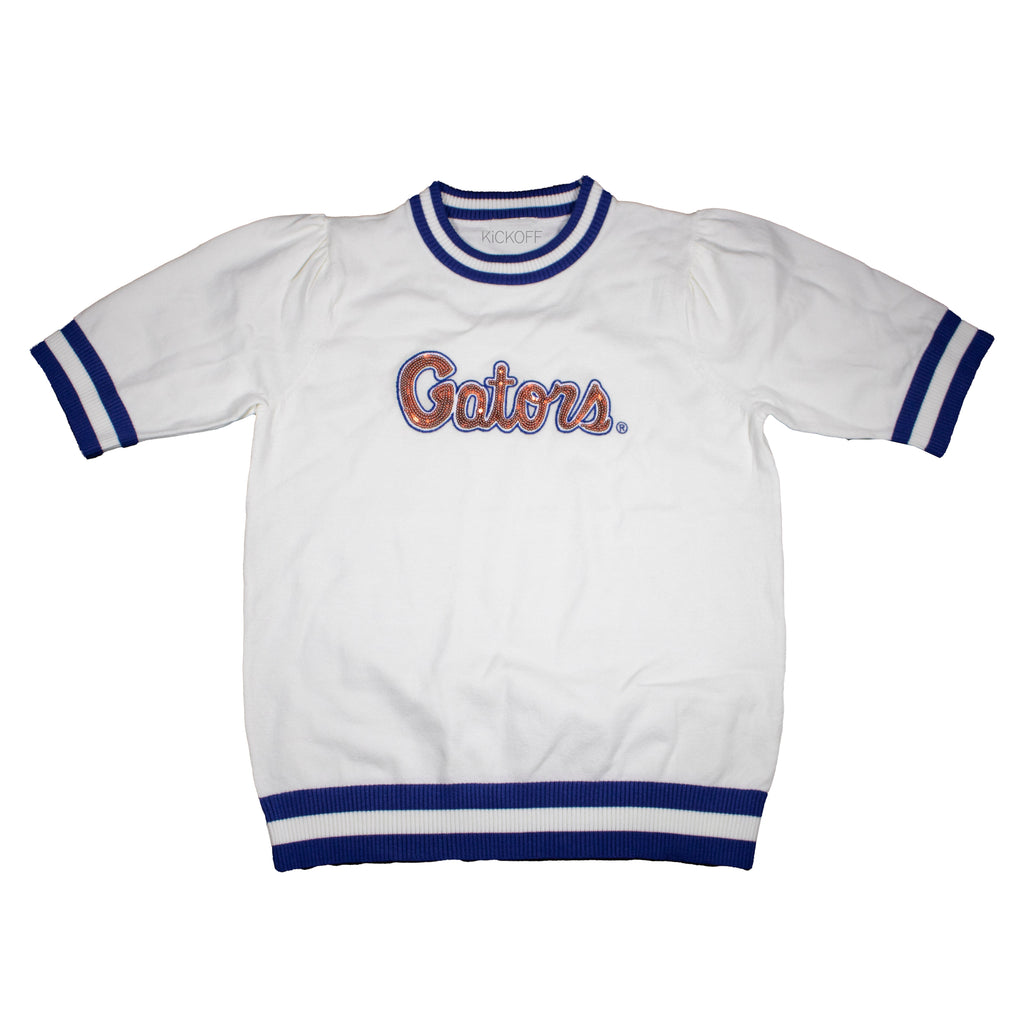 Sequin Varsity Short Sleeve Sweater with Striped Neckline, Cuff, and Waistband in University of Florida