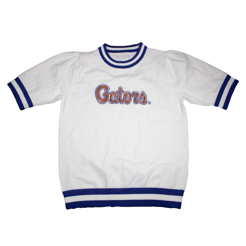 Sequin Varsity Short Sleeve Sweater with Striped Neckline, Cuff, and Waistband in University of Florida