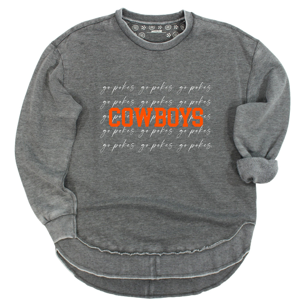 Oklahoma State University College Script Poncho Fleece Crew in Charcoal